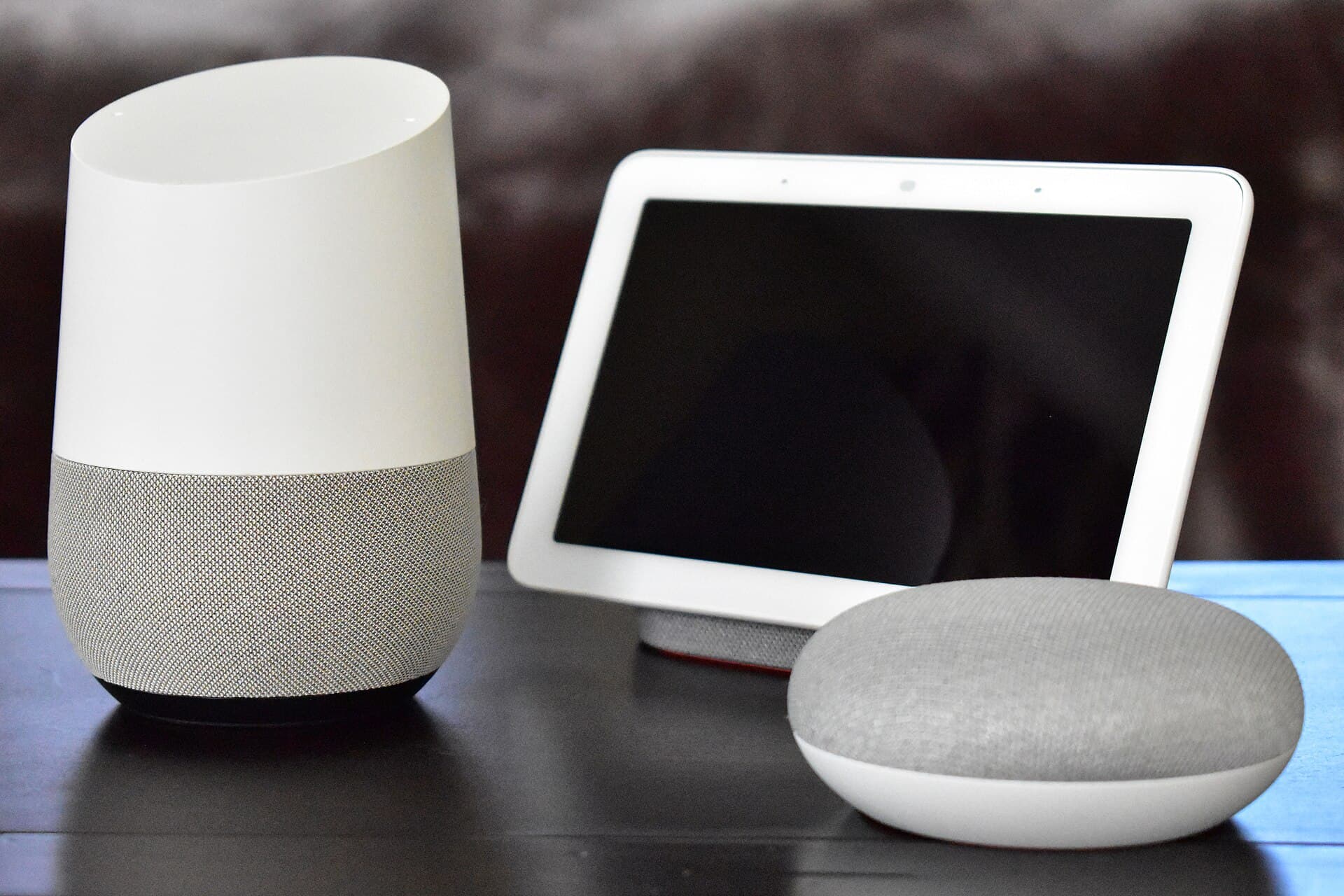 Google Home with Home Hub and Home Mini on table