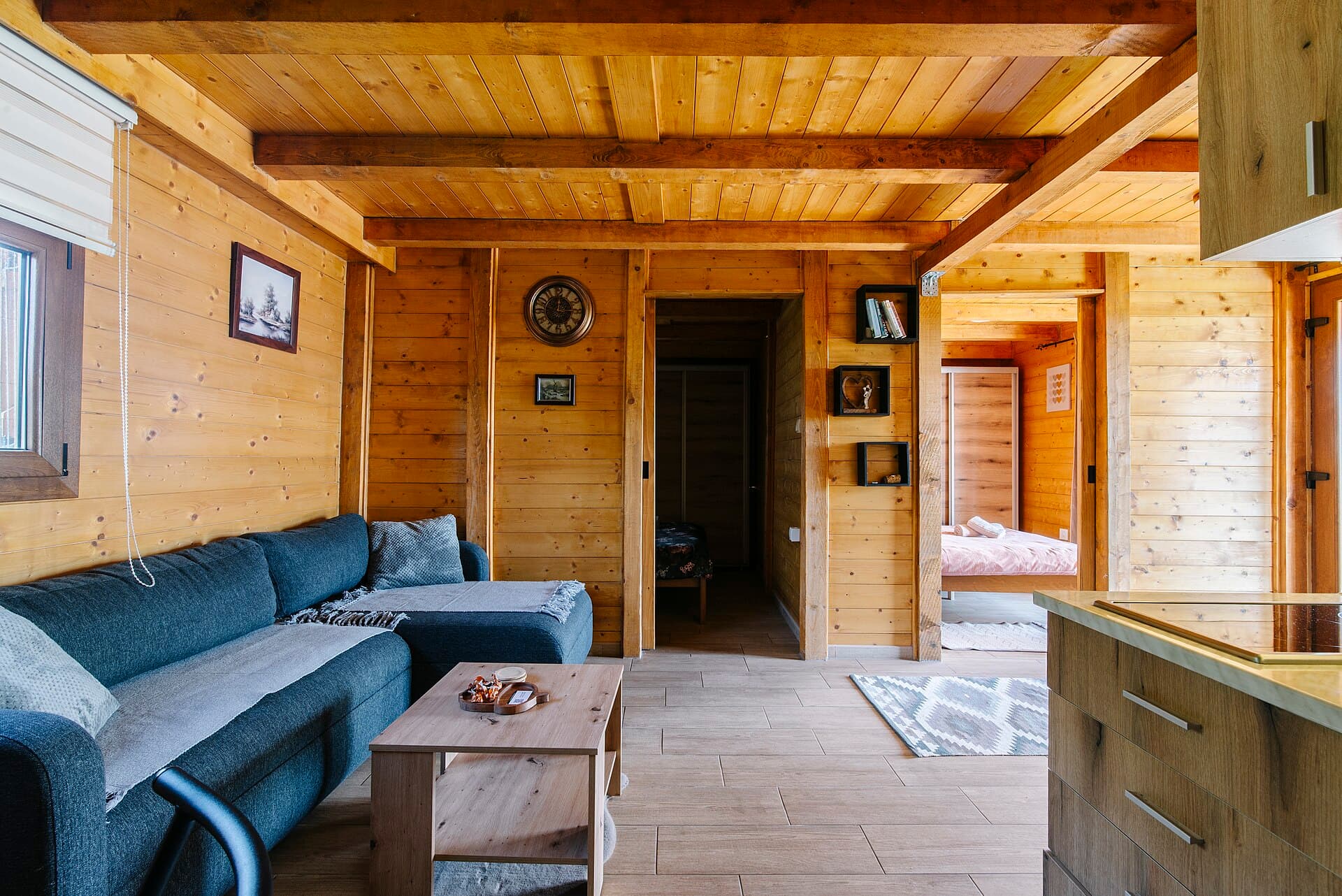 Cozy cabin living room with wooden interior