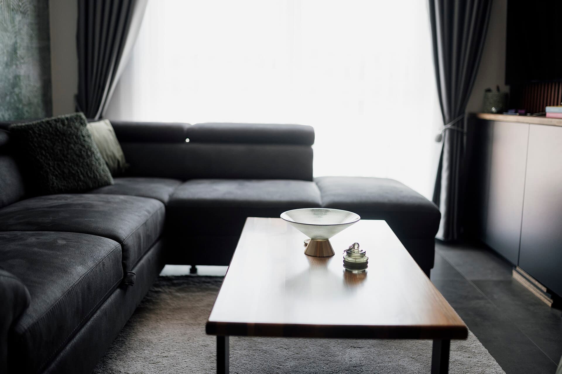 Cozy living room with a gray sofa