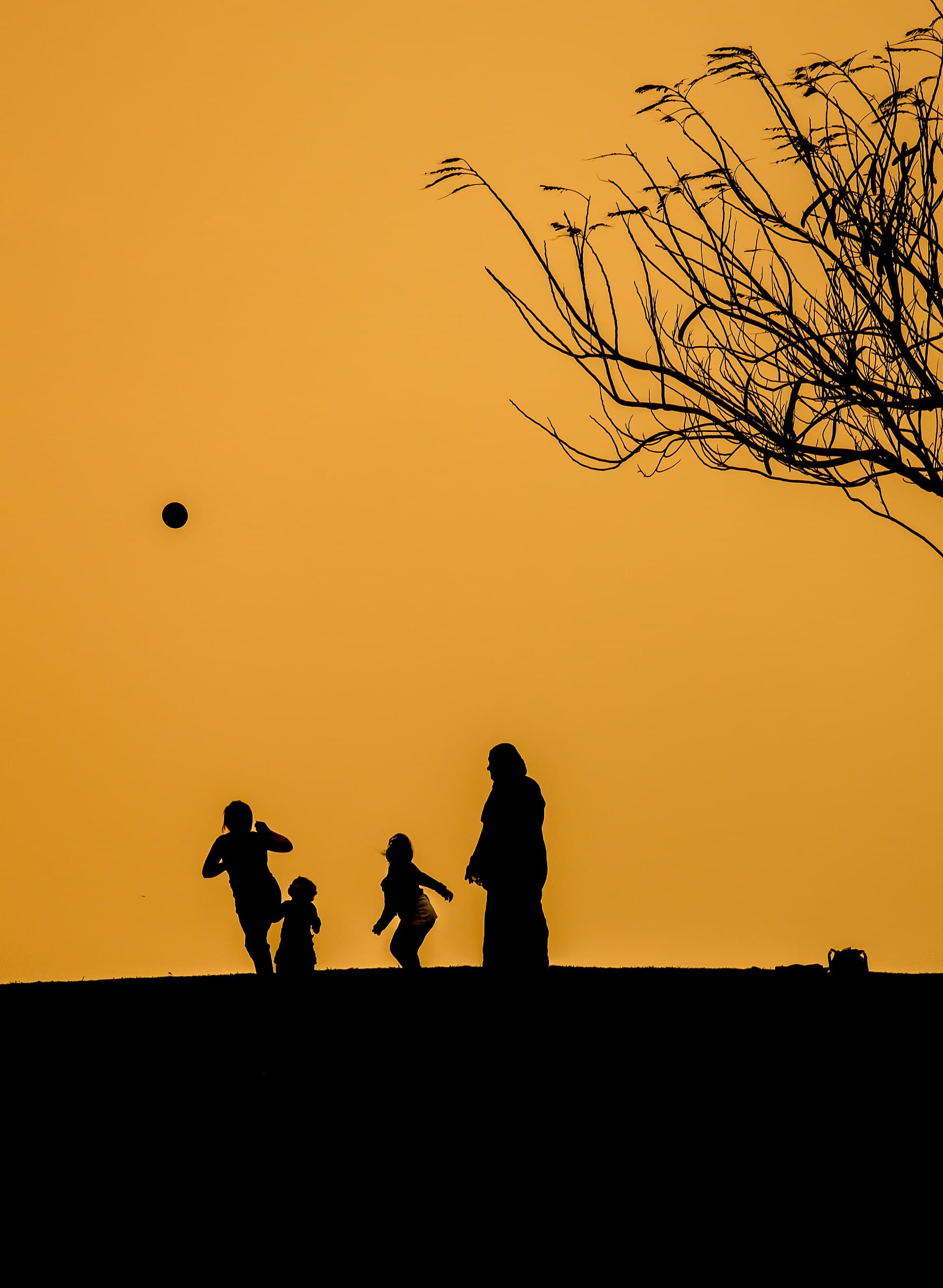 Children play the ball in the public parks in Egypt during the sunset